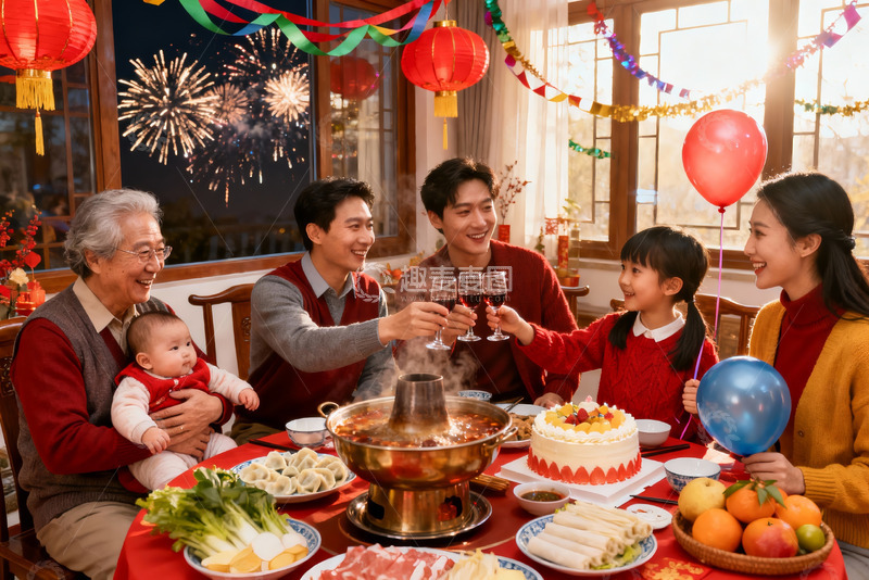 高清大图下载【趣麦麦图】家庭聚餐欢庆烟火夜