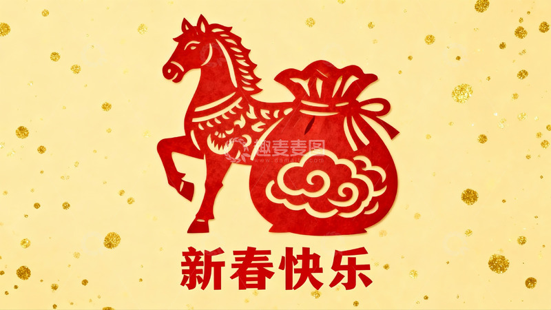 高清大图下载【趣麦麦图】红色剪纸马与福袋新春贺图