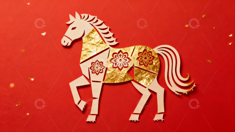 高清大图下载【趣麦麦图】红色背景上的纸艺马剪纸