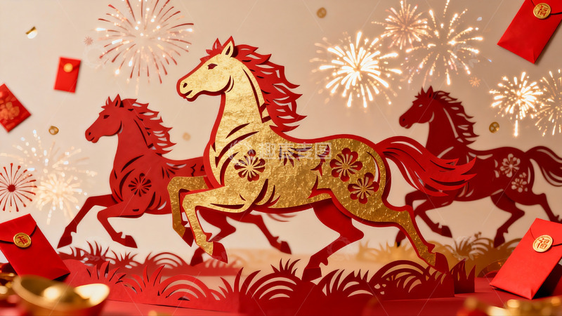 高清大图下载【趣麦麦图】春节剪纸马匹烟花装饰