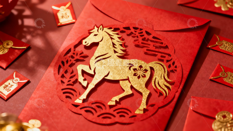 高清大图下载【趣麦麦图】红色红包上的金色马年剪纸