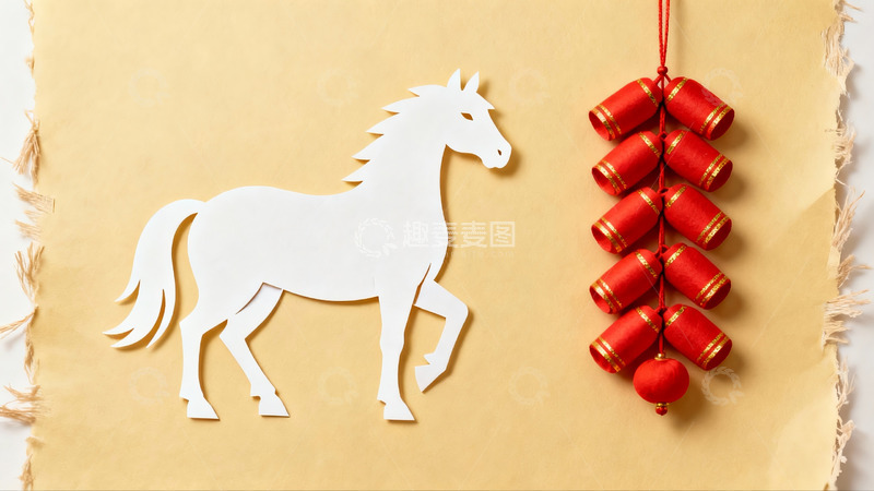 高清大图下载【趣麦麦图】剪纸马与红鞭炮迎新春