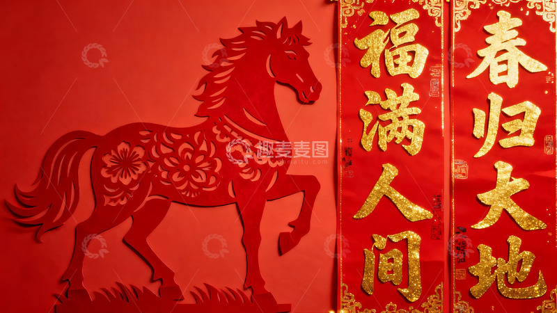 高清大图下载【趣麦麦图】红色剪纸马与春联新年装饰