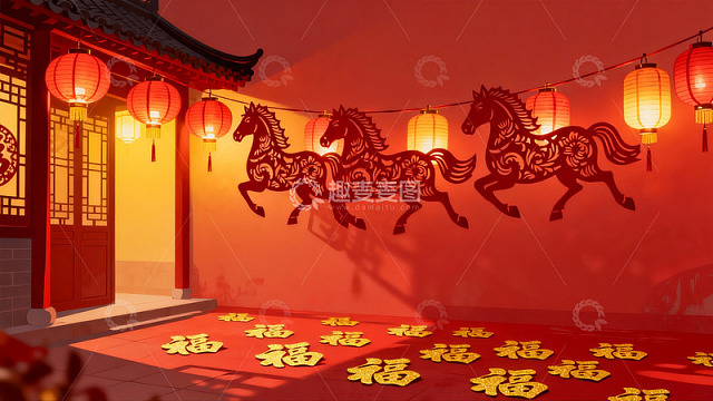 红灯笼马剪纸迎新春