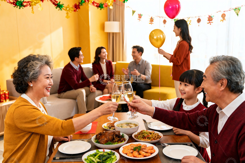 高清大图下载【趣麦麦图】家庭聚餐欢庆节日温馨场景