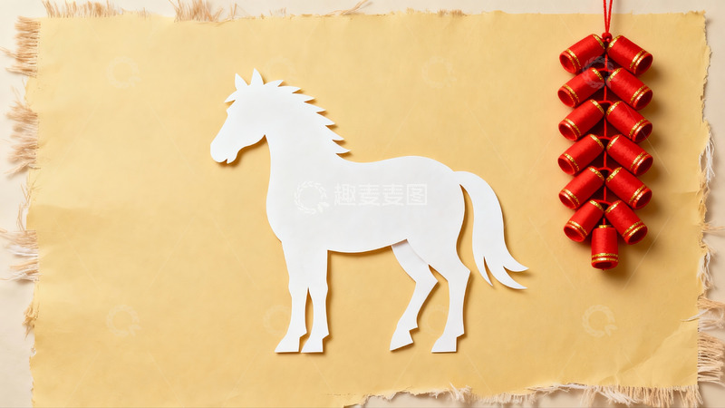 高清大图下载【趣麦麦图】剪纸马与红鞭炮的节日装饰