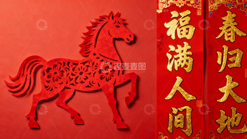 高清大图下载【趣麦麦图】红色剪纸马与春联新年装饰