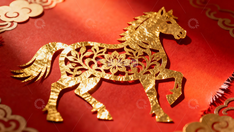 高清大图下载【趣麦麦图】金色剪纸马图案