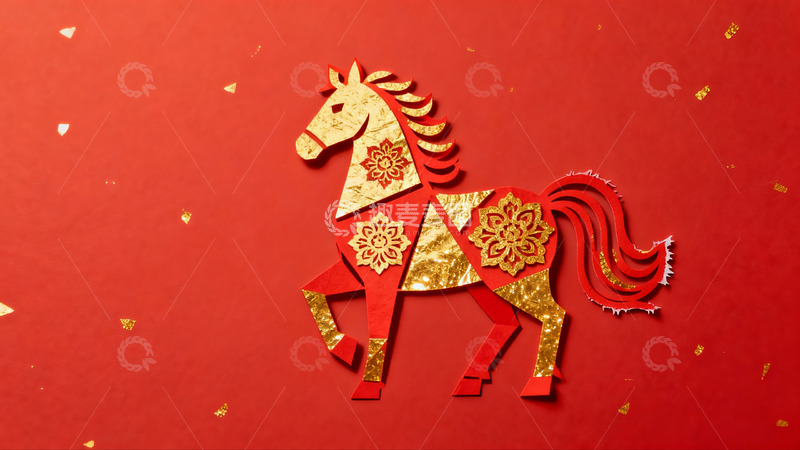 高清大图下载【趣麦麦图】红色背景上的金色剪纸马