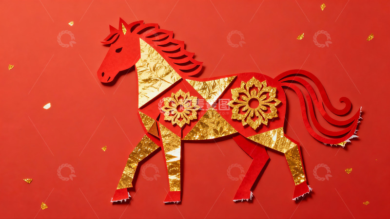 高清大图下载【趣麦麦图】红色背景上的金色剪纸马