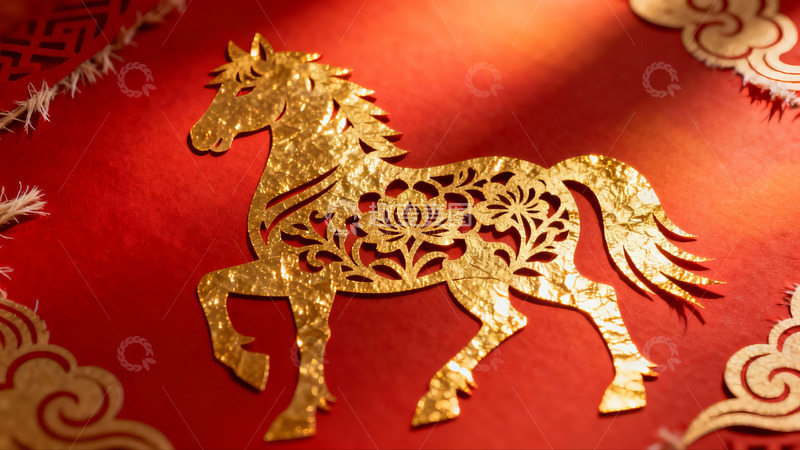 高清大图下载【趣麦麦图】金色剪纸马图案红色背景
