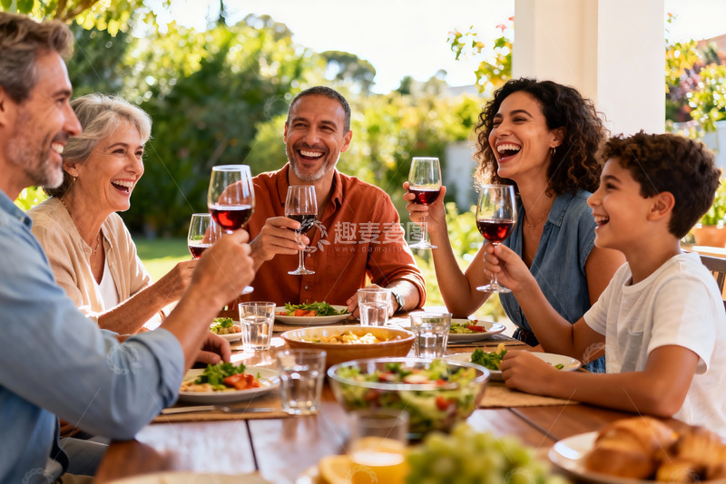 高清大图下载【趣麦麦图】家庭户外聚餐欢笑举杯