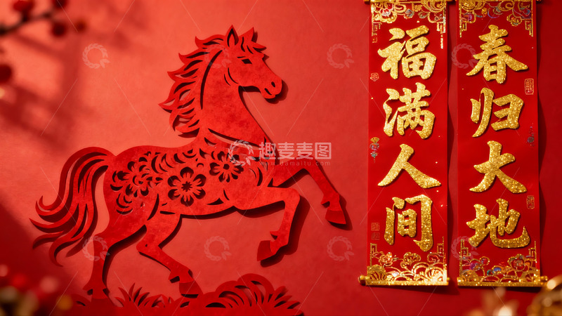高清大图下载【趣麦麦图】春节红色剪纸马与对联