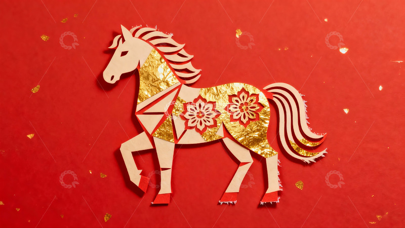 高清大图下载【趣麦麦图】红色背景上的金色剪纸马