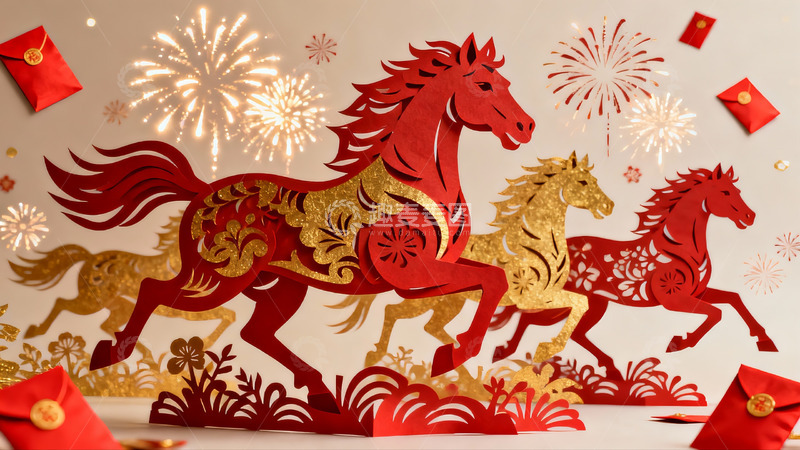 高清大图下载【趣麦麦图】新年剪纸马匹烟花贺岁