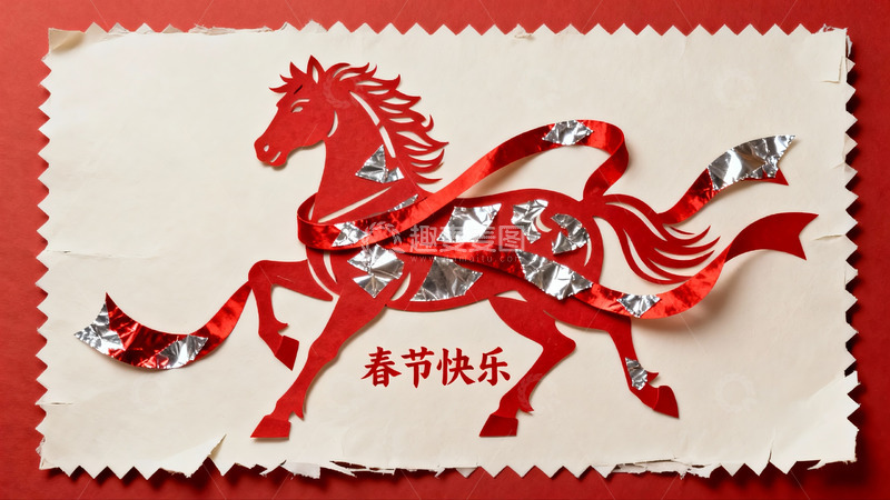 高清大图下载【趣麦麦图】红色剪纸马贺新春