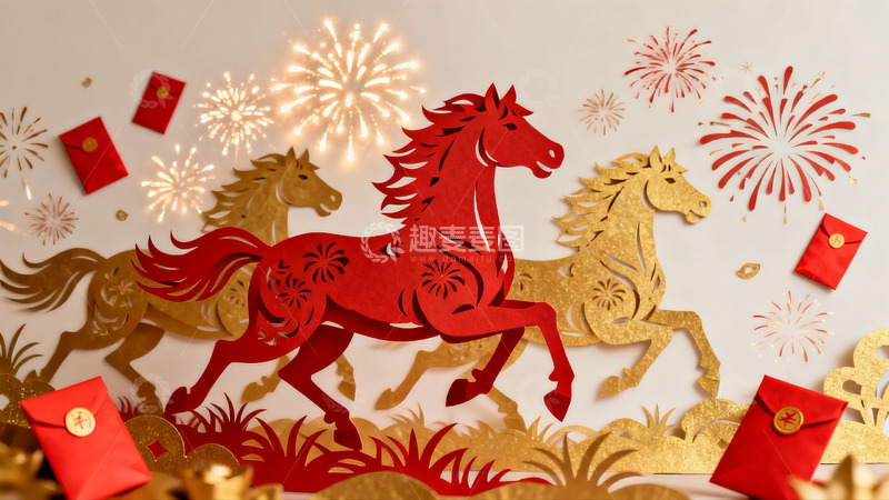高清大图下载【趣麦麦图】新年剪纸马与烟花贺岁图