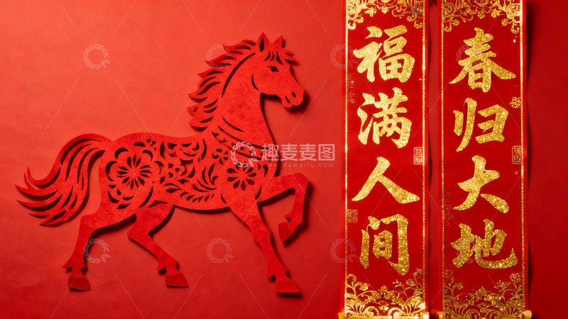 高清大图下载【趣麦麦图】红色剪纸马与春联新年装饰