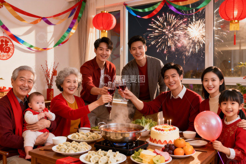 高清大图下载【趣麦麦图】春节家庭聚餐举杯庆团圆