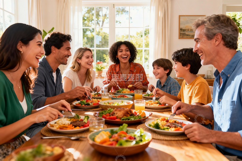 高清大图下载【趣麦麦图】家庭聚餐欢笑共享美食