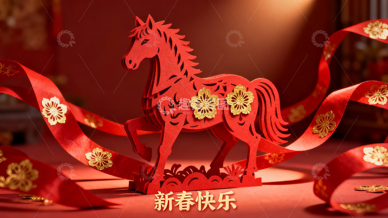 高清大图下载【趣麦麦图】红色剪纸马迎新春装饰