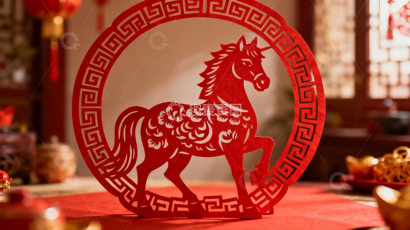 高清大图下载【趣麦麦图】红色剪纸马装饰新年氛围浓厚