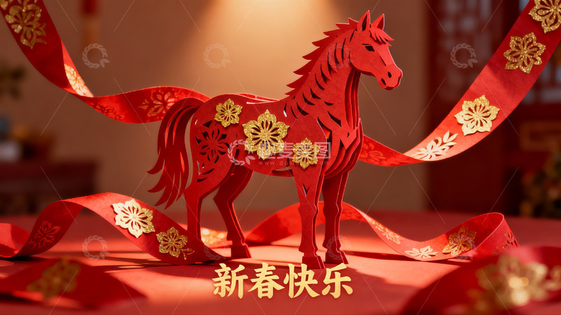 高清大图下载【趣麦麦图】红色剪纸马迎新春装饰