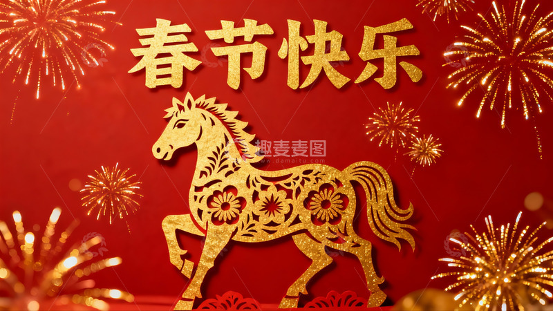 高清大图下载【趣麦麦图】春节烟花骏马剪纸图案