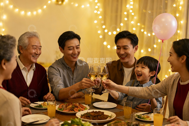 高清大图下载【趣麦麦图】温馨家庭聚餐举杯欢庆