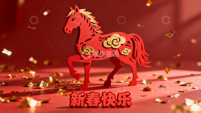 高清大图下载【趣麦麦图】红色剪纸马迎新春