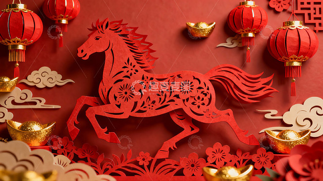 红色剪纸马迎新春装饰