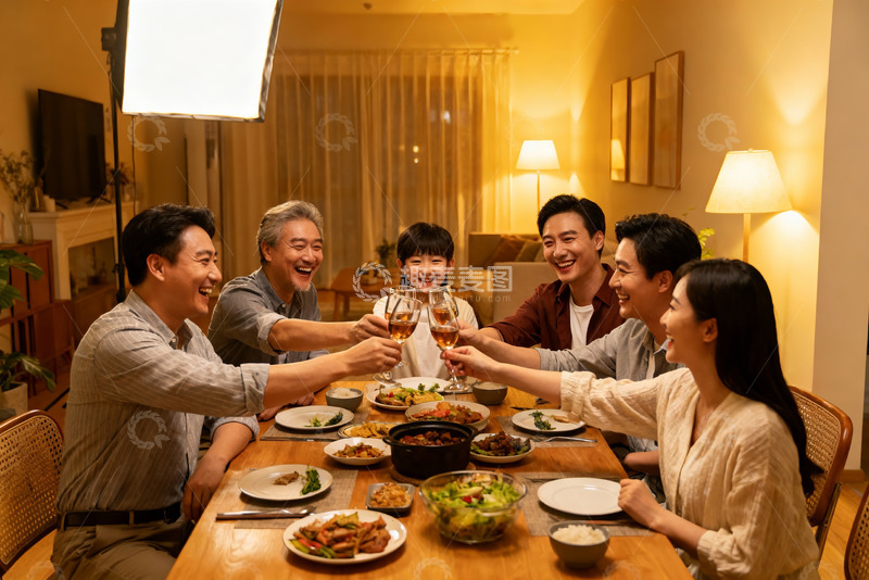 高清大图下载【趣麦麦图】温馨家庭聚餐举杯欢庆