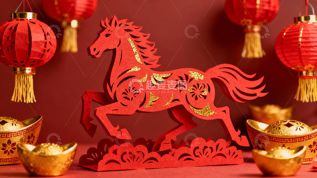 红色剪纸马与灯笼金元宝
