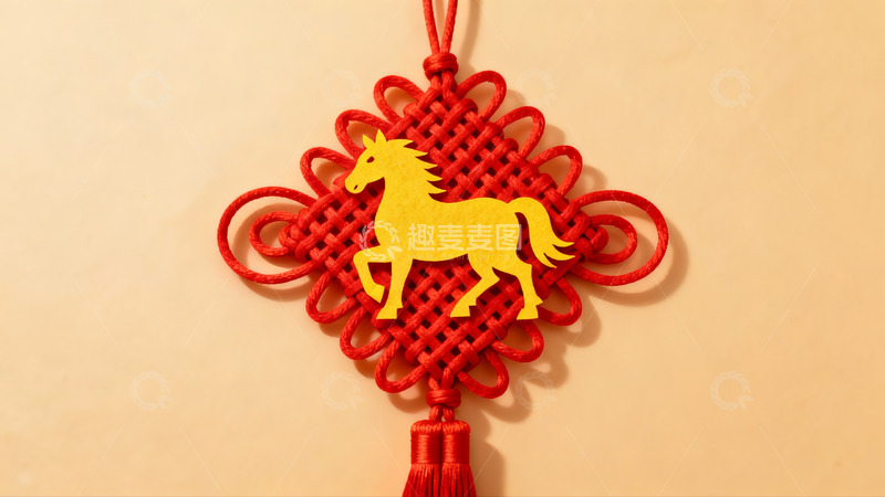 高清大图下载【趣麦麦图】红色中国结挂饰配黄色马形剪纸