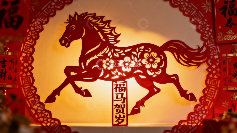 高清大图下载【趣麦麦图】红色剪纸马年装饰迎新春