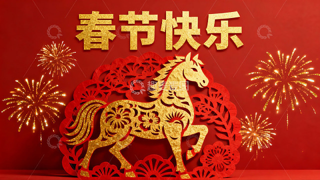 春节剪纸马年烟花贺岁图