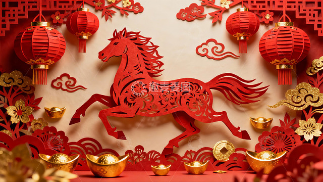 红色剪纸马迎新春装饰