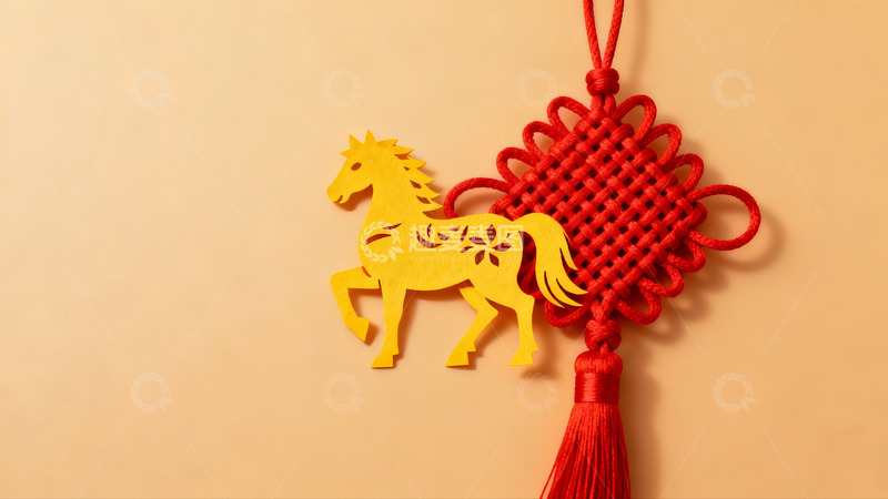 高清大图下载【趣麦麦图】黄色剪纸马与红色中国结