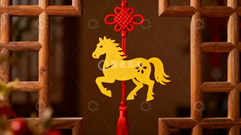 高清大图下载【趣麦麦图】窗前悬挂的黄色马形剪纸挂饰