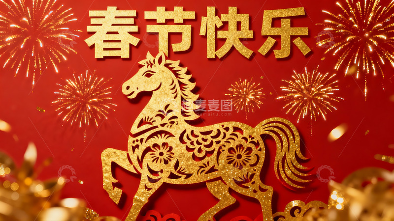 高清大图下载【趣麦麦图】春节烟花骏马剪纸贺岁图