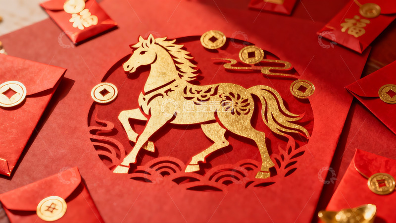 高清大图下载【趣麦麦图】红色剪纸马与红包新年装饰