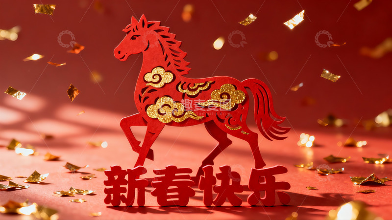 高清大图下载【趣麦麦图】红色剪纸马迎新春