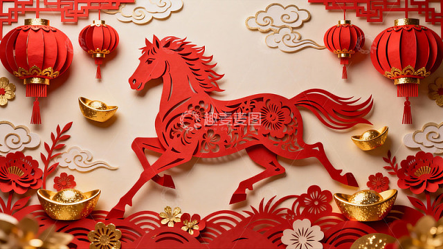红色剪纸马与灯笼装饰图案