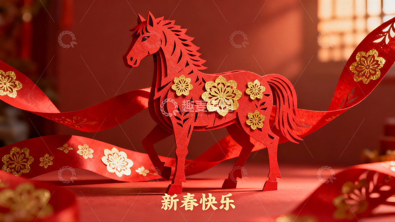 高清大图下载【趣麦麦图】红色剪纸马迎新春装饰