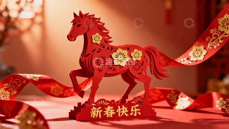 高清大图下载【趣麦麦图】红色剪纸马迎新春装饰