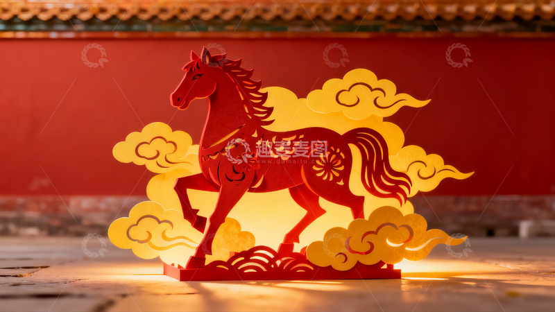 高清大图下载【趣麦麦图】红色剪纸马与祥云装饰
