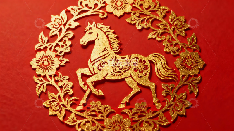 高清大图下载【趣麦麦图】红色背景上的金色马形剪纸