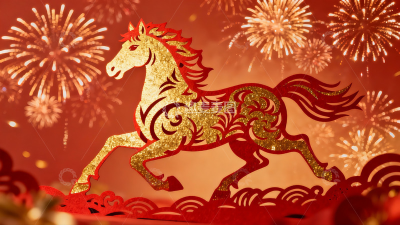 高清大图下载【趣麦麦图】烟花映衬下的金色骏马剪纸