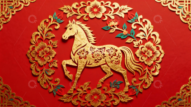 高清大图下载【趣麦麦图】红色背景金色马匹剪纸艺术