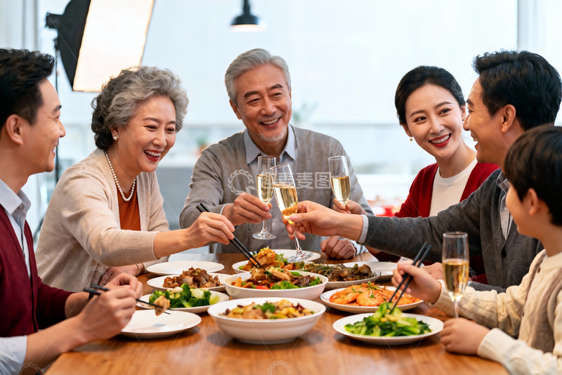 高清大图下载【趣麦麦图】三代同堂家庭聚餐举杯欢庆